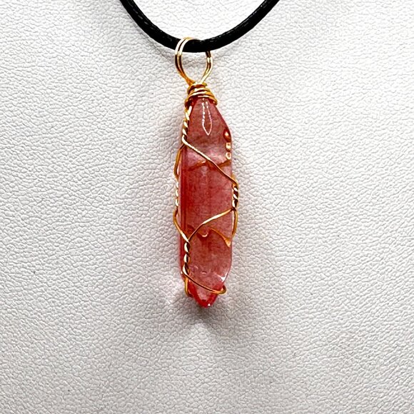 Handmade Pink Crystal Necklace Wrapped In Gold Wire With Black Cord AdJ Necklace - Picture 2 of 9